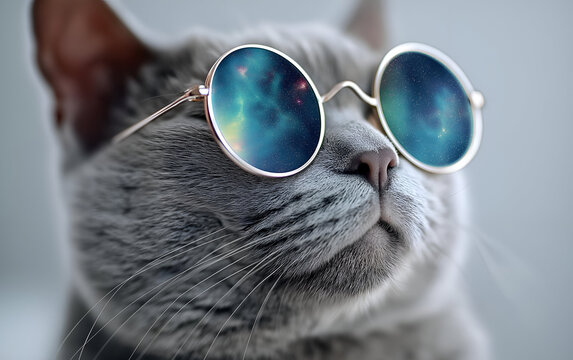 A stylish cat wearing round sunglasses, exuding a cool and playful vibe, perfectly capturing a moment of feline charm.