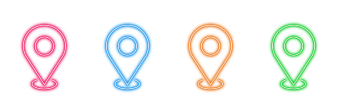 Neon glowing location pin vector icons set, map marker, GPS, navigation, destination, current location, vibrant glowing design, digital illustration on transparent background.