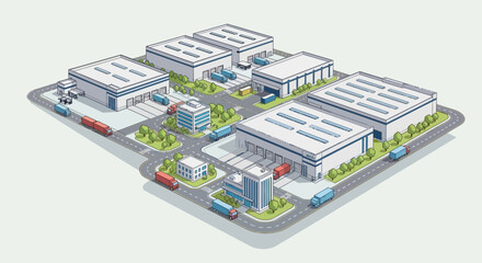 Modern industrial logistics park isometric illustration. Depicting warehouse buildings, delivery trucks, and office complexes for efficient supply chain management and urban distribution