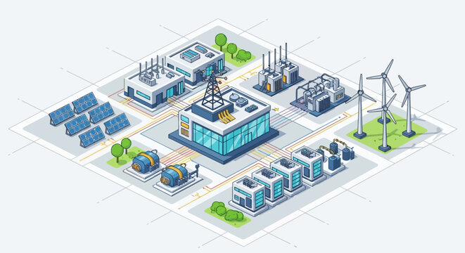 Isometric smart energy grid illustration sustainable urban infrastructure with renewable power (solar, wind), data centers, factories, and storage