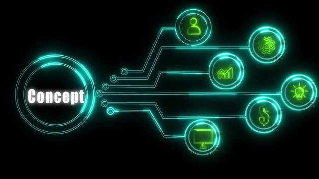 Futuristic digital HUD interface representing business concept with glowing icons for ideas innovation creative thinking prototyping technical design and strategy on background.
