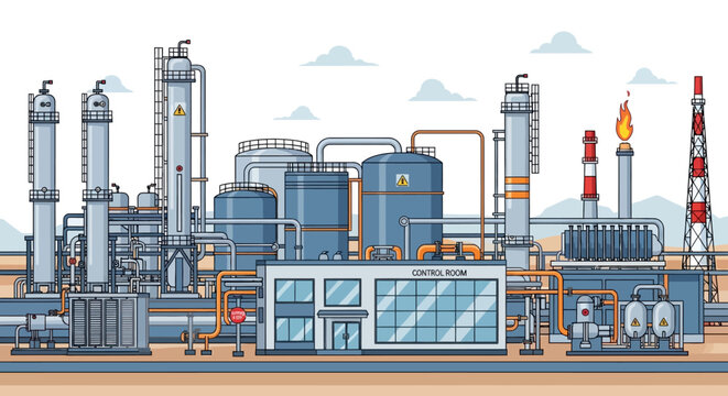 Flat vector illustration of an industrial oil and gas refinery plant with tanks, pipelines, and control room, symbolizing energy production and vital infrastructure