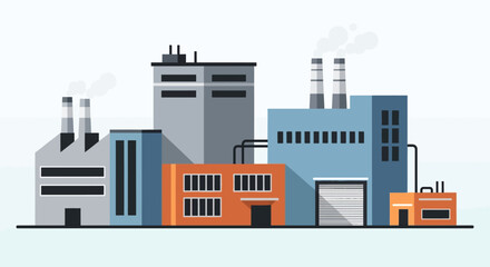 Obraz premium Colorful flat design illustration of an industrial complex with multiple factory buildings and smokestacks, representing manufacturing, production, and the backbone of industry