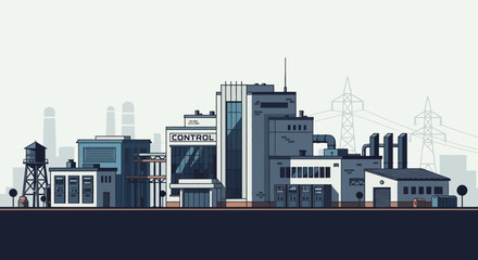 Obraz premium Sleek and Modern Industrial Complex Illustration Featuring a Central Control Building, Manufacturing Units, and Essential Utility Structures Under a Clear Sky