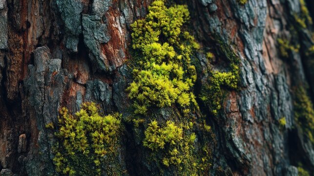 Ecosystem Detail: Fresh Green Moss Sprouting on Ancient Tree Bark