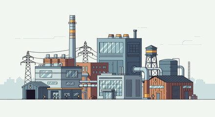 Obraz premium Modern industrial factory complex illustration depicting manufacturing plants, towering chimneys, production facilities, and energy infrastructure in a flat design style