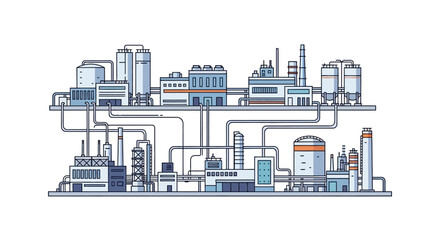 Obraz premium Modern industrial complex showcasing an intricate network of manufacturing facilities and interconnected pipeline systems for chemical processing, energy production, and resource distribution