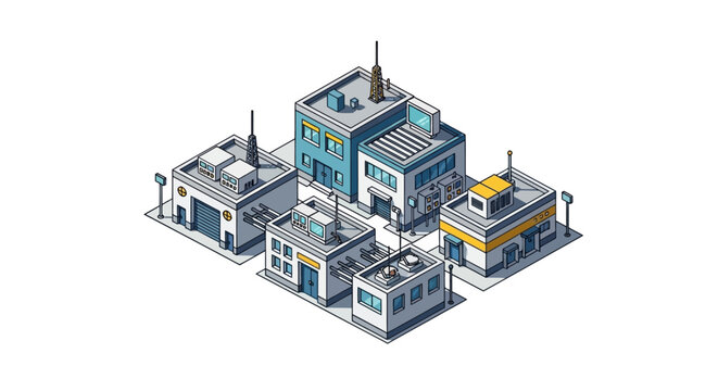 Isometric vector illustration showcasing a cluster of modern urban business buildings and commercial infrastructure, ideal for corporate development concepts