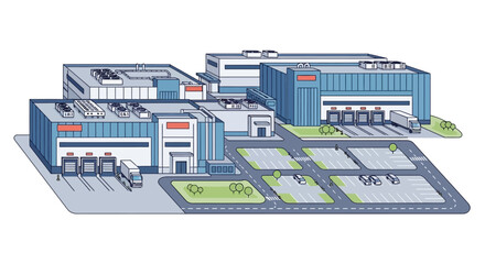 Isometric illustration of a modern industrial complex featuring multiple factory buildings, warehouses, logistics centers with loading docks and parking for efficient supply chain