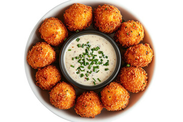 Fried cheese balls circle dip, top-down view