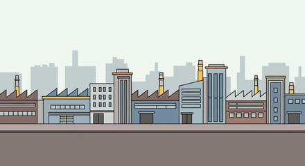 Fototapeta premium Industrial landscape vector illustration with modern factories, production buildings, smokestacks, and a city skyline, representing urban manufacturing and economic activity