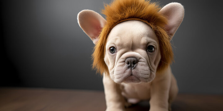Adorable French Bulldog puppy wearing a fluffy lion mane, capturing a whimsical moment of cuteness and fun.