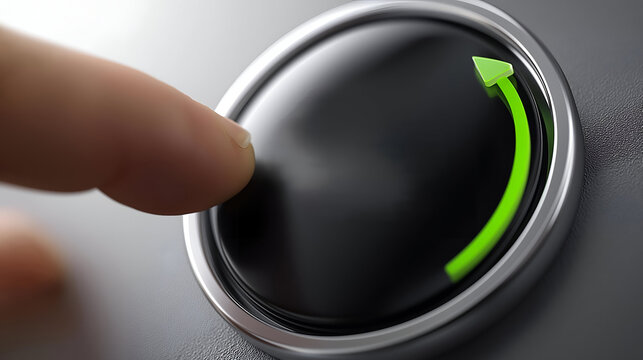Close-up of a finger pressing a modern control button with a green indicator, showcasing advanced technology and user interaction.