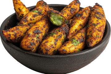 Grilled, yellow fingerling potatoes in dark, textured bowl