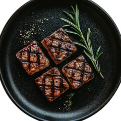 Four grilled beef cubes with rosemary on a dark plate