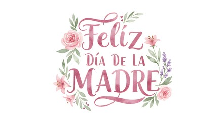 Elegant calligraphy greeting 'Happy Mother's Day' (Feliz D&iacute;a de la Madre) framed by beautiful pink roses, delicate lilies, and lush green leaves, celebrating motherhood with a touch of nature's beauty