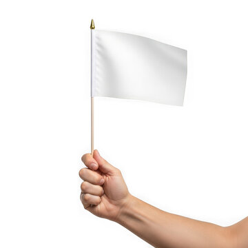 Hand holding a small white flag isolated on transparent background