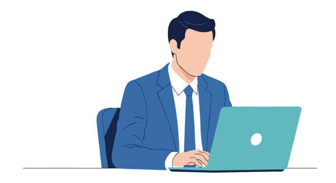 Flat vector illustration of professional business man working on laptop at office desk, tech company daily activity