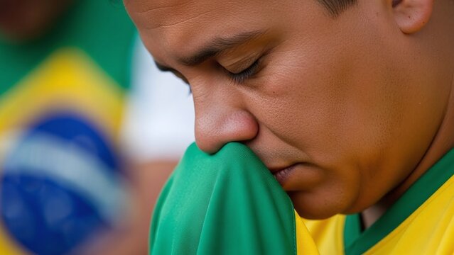 Brazilian football fan in close up expressing faith and hope during World Cup match