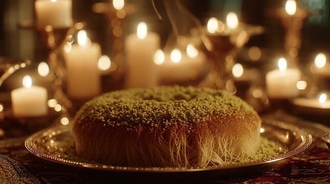 A delicious homemade kunefe decorated with festive candles and sweet chocolate ornaments sits on a traditional holiday table as a celebratory winter dessert