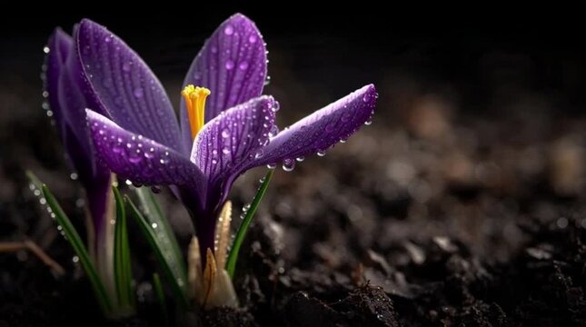 A vibrant macro closeup reveals the natural beauty of purple spring crocus flowers blooming in a garden with delicate violet petals and fresh green leaves