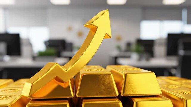Golden arrow rises above stacked gold bars, symbolizing strong financial market growth and successful investment strategies in a corporate office setting