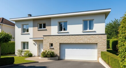 Fototapeta premium A modern, two-story house with a white facade and beige accents, featuring a garage and a driveway.