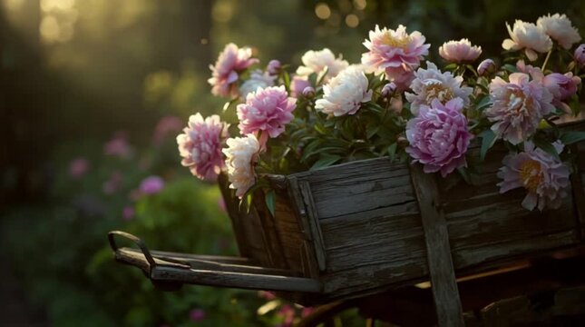 Pink and purple spring flowers bloom in a colorful garden arrangement on a rustic wooden 
stroller, showcasing the natural beauty of floral petal and green leaves in a spring or summer blossom bouquet