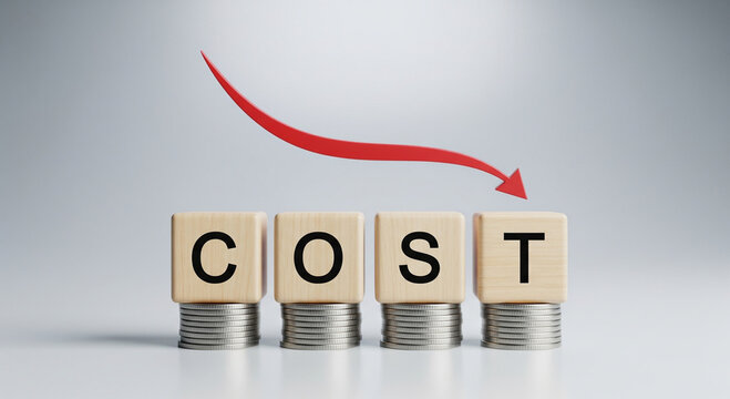 Cost reduction business concept, wooden blocks with cost text on silver coins, red arrow pointing down for financial decrease and budget optimization