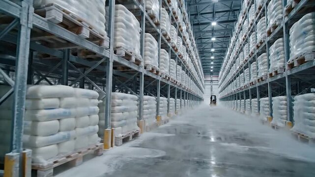 Rows of stacked goods in a cold storage warehouse industrial logistics and inventory management concept wide angle .
