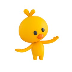 Obraz premium Cute 3D render Little Chick character thinking and comparing options with both hands open, thoughtful and curious mascot style, isolated on white background.