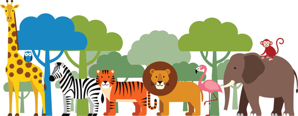 Fototapeta premium Cartoon safari animals illustration featuring giraffe zebra tiger lion elephant monkey and flamingo in forest background vector design