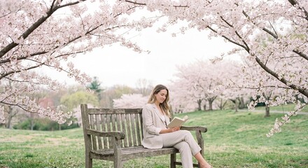 Fototapeta premium Elegant woman sitting on a wooden bench reading a book under blooming cherry blossom trees during a peaceful spring day