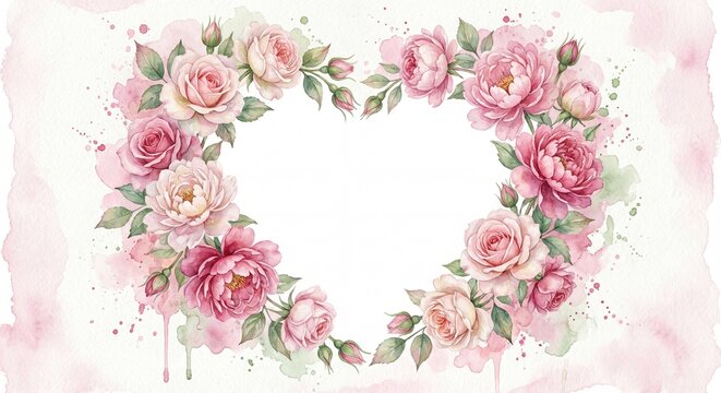 Delicate watercolor illustration of a floral heart wreath made of pink roses and peonies on an artistic white background