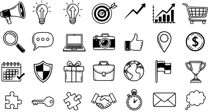 Black and White Hand Drawn Business Marketing Technology Icons Set. Doodle Line Art Symbols for Finance, Communication, Planning, and Success Concepts.