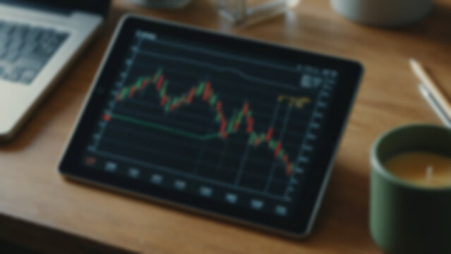 Blurred background of precision-annotated stock chart highlighting a major resistance break and retest, with arrows, labels, and time markers, displayed on a tablet device resting on a wooden desk.