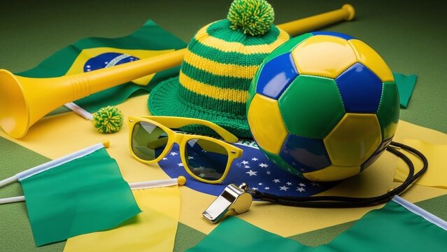 Brazil football fan accessories and ball arranged for World Cup match celebration
