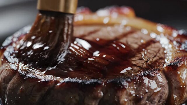 Chef basting a grilled steak with a rich sauce