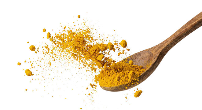 Bright Turmeric Powder On A Spoon In Kitchen Setting. Transparent Background, PNG Style