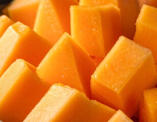 Close-up of vibrant orange melon pieces, showcasing texture and detail