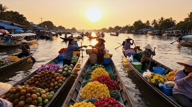 Busy Floating Market Vendors Selling Fresh Flowers and Tropical Fruit from Longtail Boats During Golden Hour Sunrise on Asian River 4k video animation seamless loop