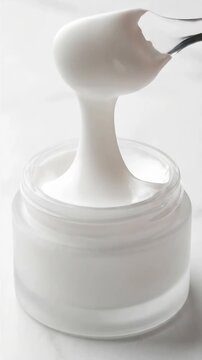 Close up of white cosmetic cream texture being scooped with a spatula from a glass jar, luxury skincare moisturizer, AI generated
