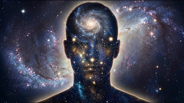 Captivating human mind exploring universe galaxy, spiritual meditation, and cosmos, expanding consciousness with luminous stars profound abstract wonder of wisdom