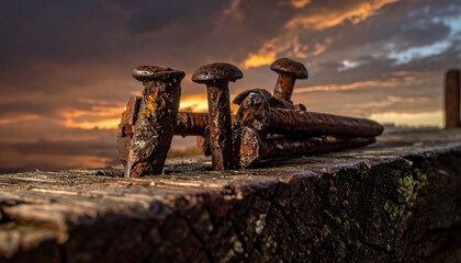 Close-up of weathered wooden plank with rusty nails against a vivid, fiery sunset backdrop