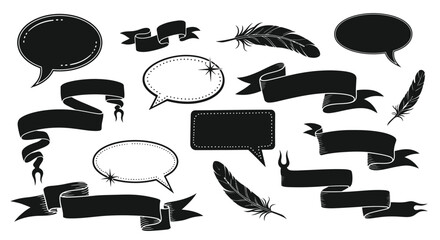 Collection of vintage black speech bubbles ribbons and feather illustrations © Siam Studio
