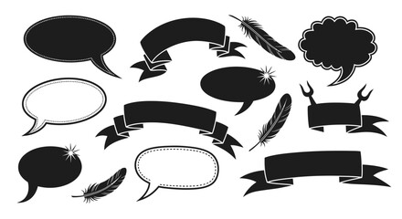 Collection of black speech bubbles ribbons and feather illustrations © Siam Studio