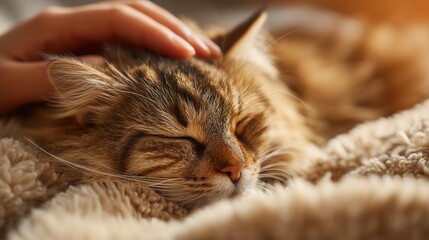 Plakat Close-up of a hand gently stroking a fluffy cat sleeping on a soft beige blanket.