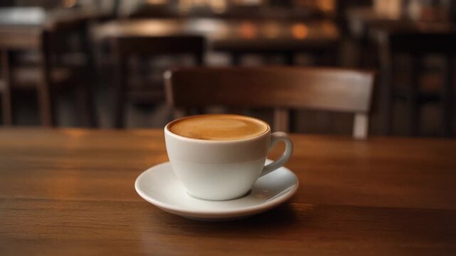 A beautifully crafted cup of frothy coffee rests on a rustic wooden table, embodying a tranquil moment within the inviting warmth of a cozy caf&eacute;, perfect for a peaceful pause