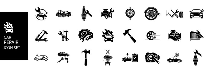 Car Repair and Maintenance Solid Icon Set Fix, Toolbox, Troubleshooting and Repair Service Vector Icons Broken Tools and Repairman Vector Illustration
