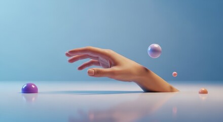 Minimalist 3D render of a human hand reaching out towards floating colorful spheres on a blue background.